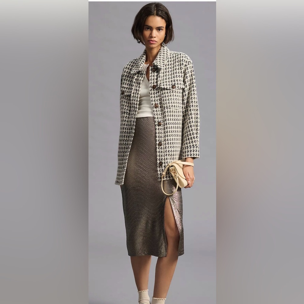 Greylin Anthropologie Houndstooth Knit Shirt Jacket Gray Pocket Size Xsmall